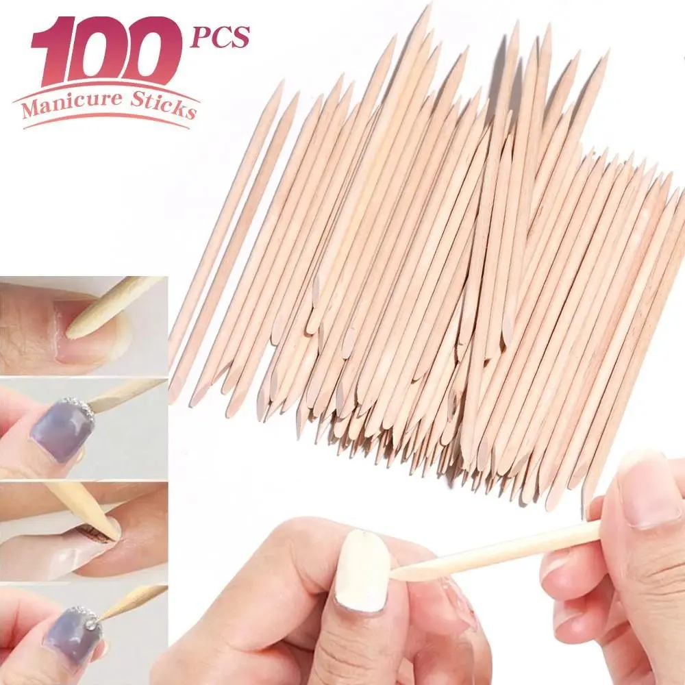 100pcs Orange Wood Natural Nail Sticks - Sticks for Nails - Multi-Functional Manicure & Pedicure Tool - Double-Sided Cuticle Pusher & Remover