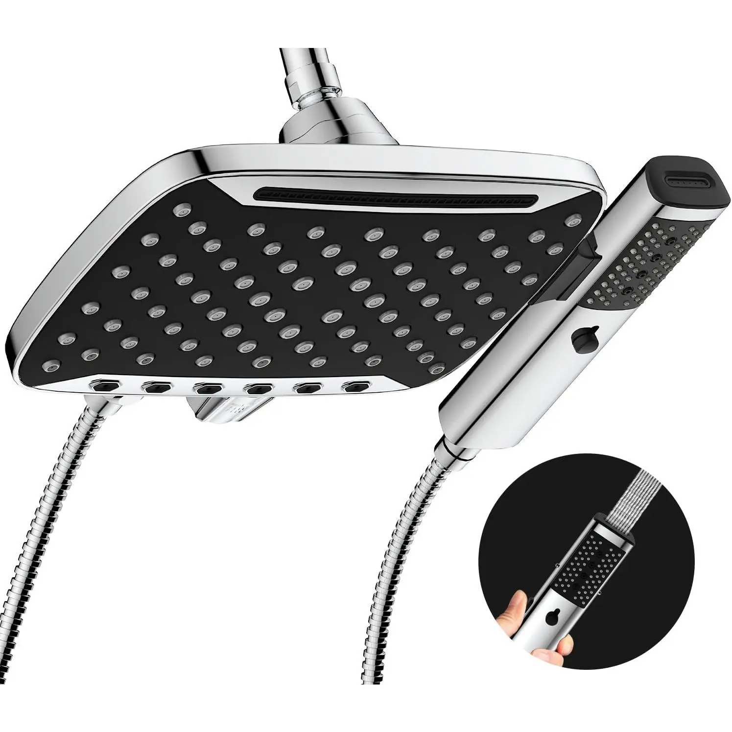 High Pressure Rain Shower Head with Handheld Spray Silver | 7 Modes Dual Shower Head, 10-inch Rainfall Showerheads Combo, Detachable Hand Held Shower Wand, Power Jets, 71" Hose