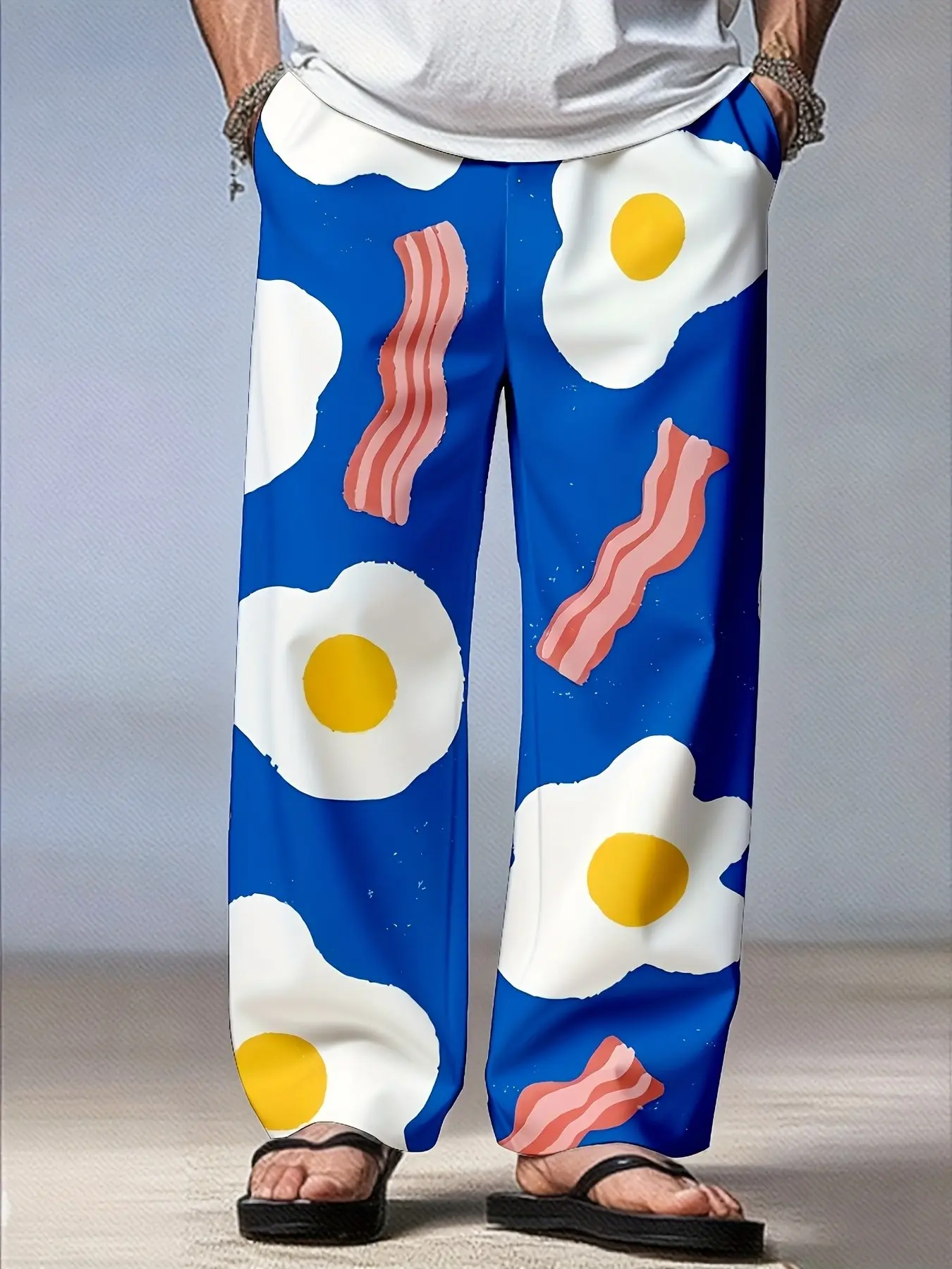 Unisex Fried Egg And Bacon Breakfast All Over Print Sleep Pants Elastic Drawstring Waist Loose Straight Leg Soft Casual Home Loungewear Daily Walking Pajama Trousers With Side Pockets