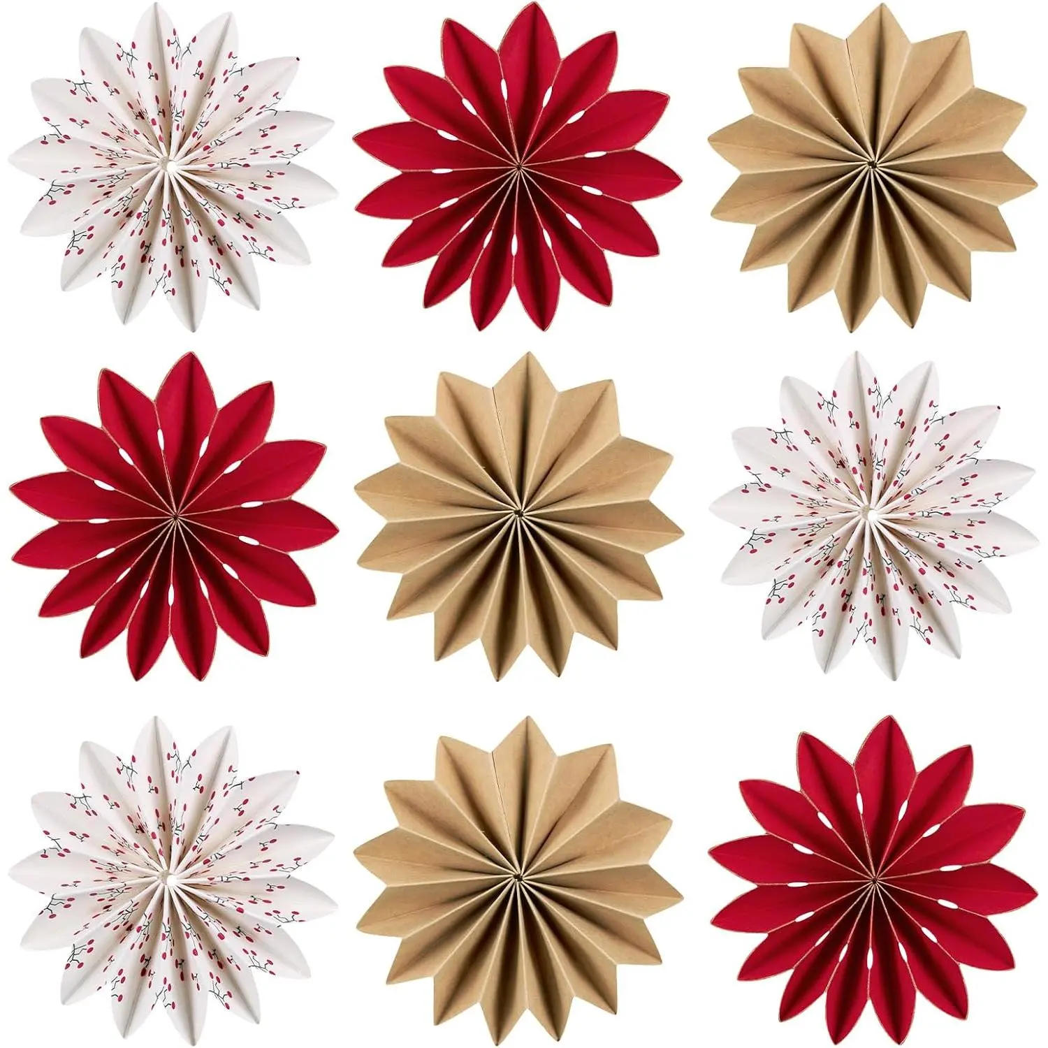 9 count Mini Christmas Paper Ornaments - Red White Brown Snowflake Ornaments, Christma  Paper Fans Decorations for Christmas Tree Xmas Party  Decor