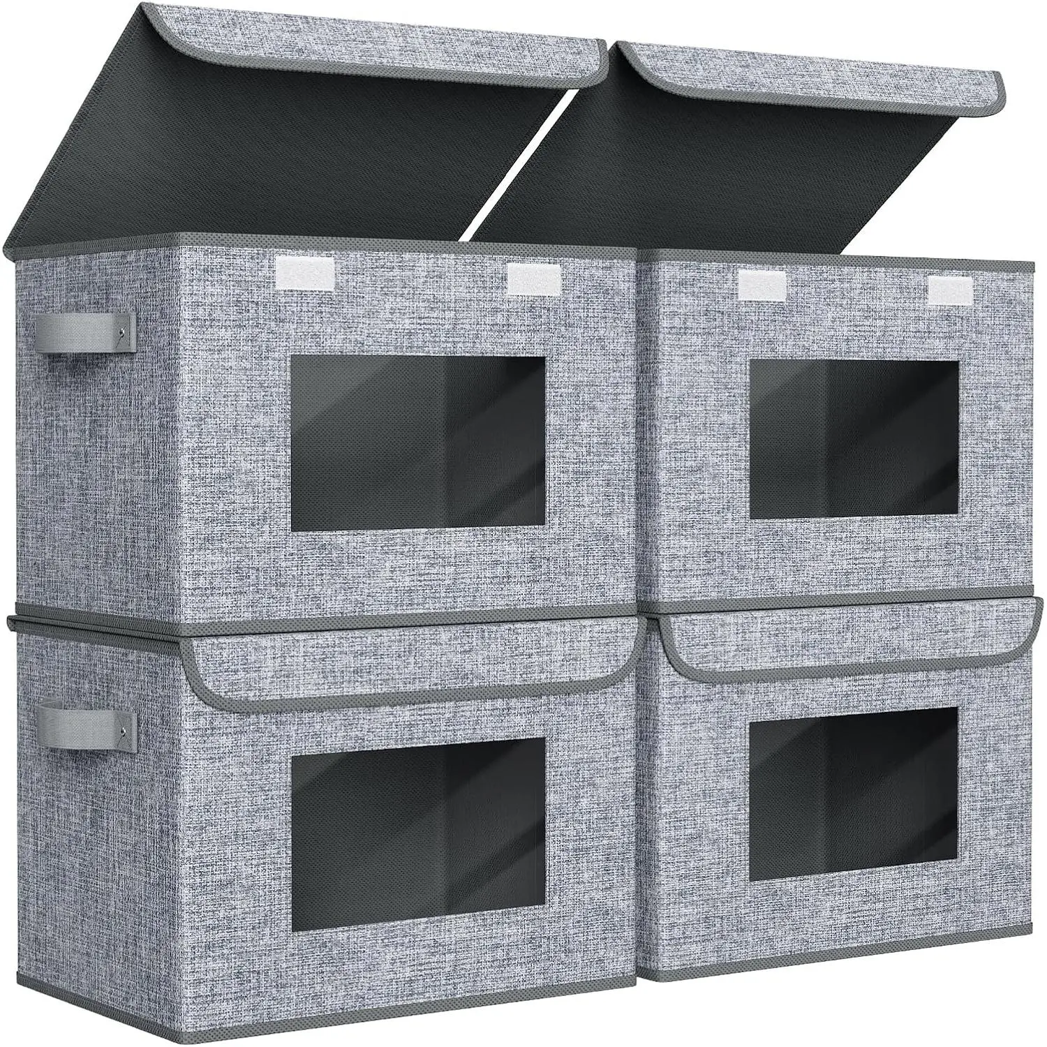 Fabric Foldable Storage Boxes [4-Pack] Large Collapsible Stackable Storage Bins with Lids, Closet Organizers and Storage Cube Basket for Home, Office, Bedroom (Grey, 17'' x 12'' x 12")