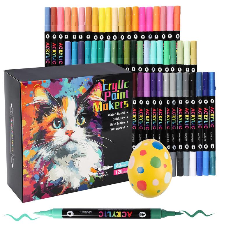 120 Color Acrylic Paint Markers Set, 60 Dual Tip Pens for Wood Canvas Stone Glass Ceramic Surfaces, DIY Crafts Art Supplies