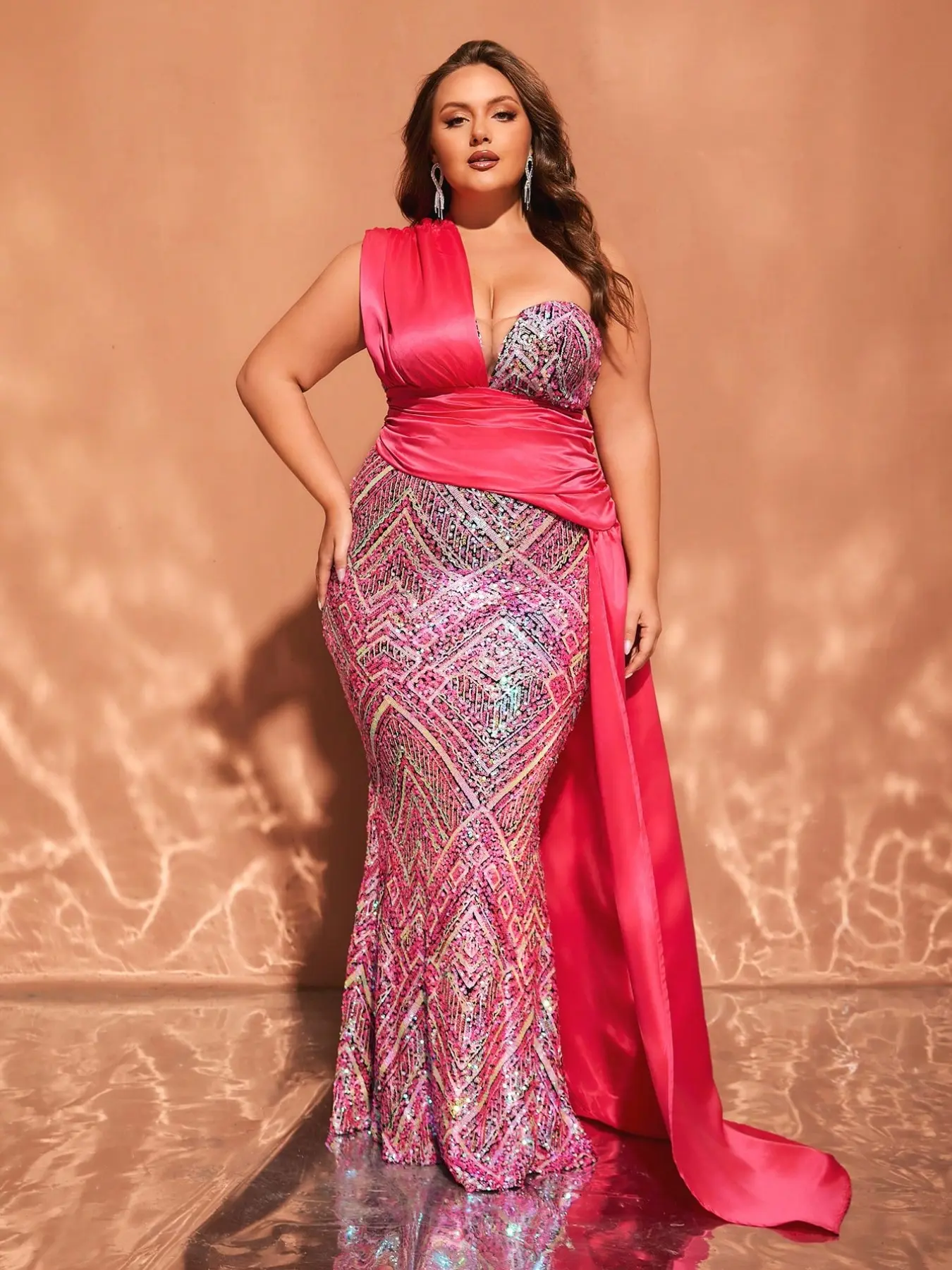 Plus Size Pinkish Women's One-Shoulder Deep V Waist Pleated Side Ribbon Satin Patchwork Evening Party Dress, Geometric Sequins Fish Tail Design