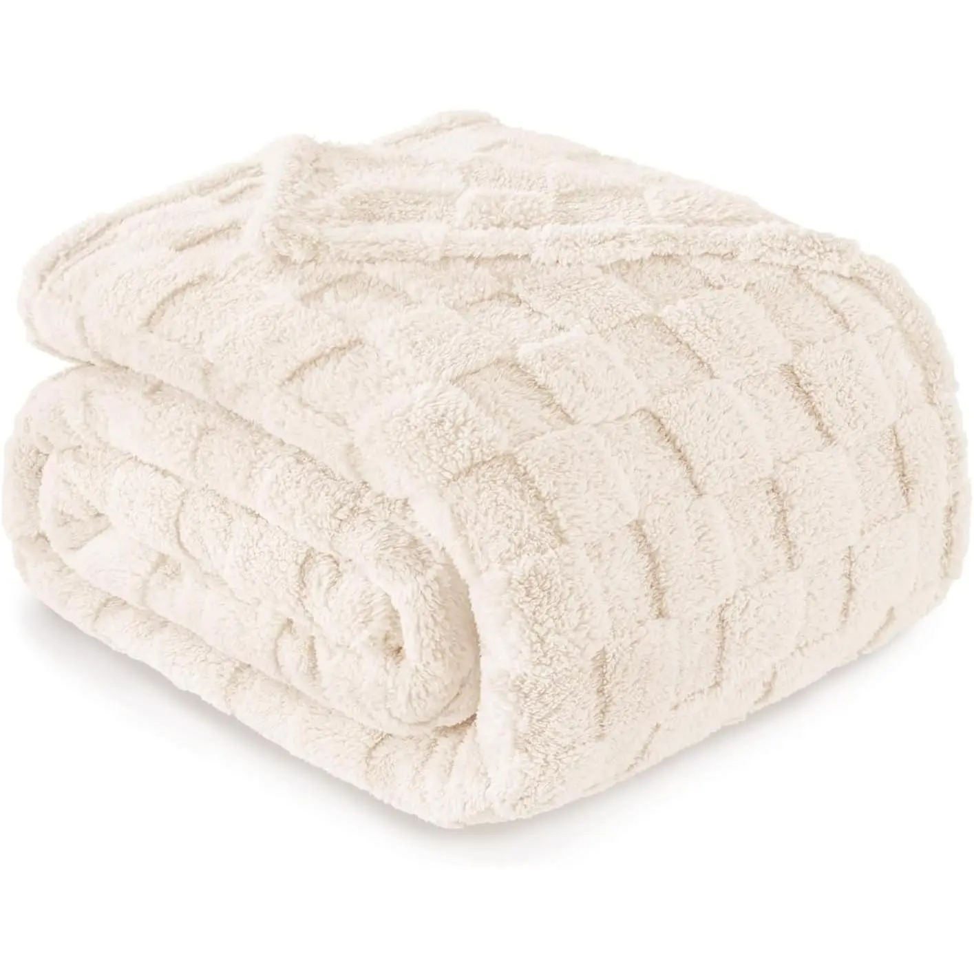 Super Soft and Cozy Queen Size Blanket for Bed, 90" x 90" | Fleece Bed Blanket with Checkered Design,Lightweight and Breathable Bedding for Livingroom and Bedroom, Ivory