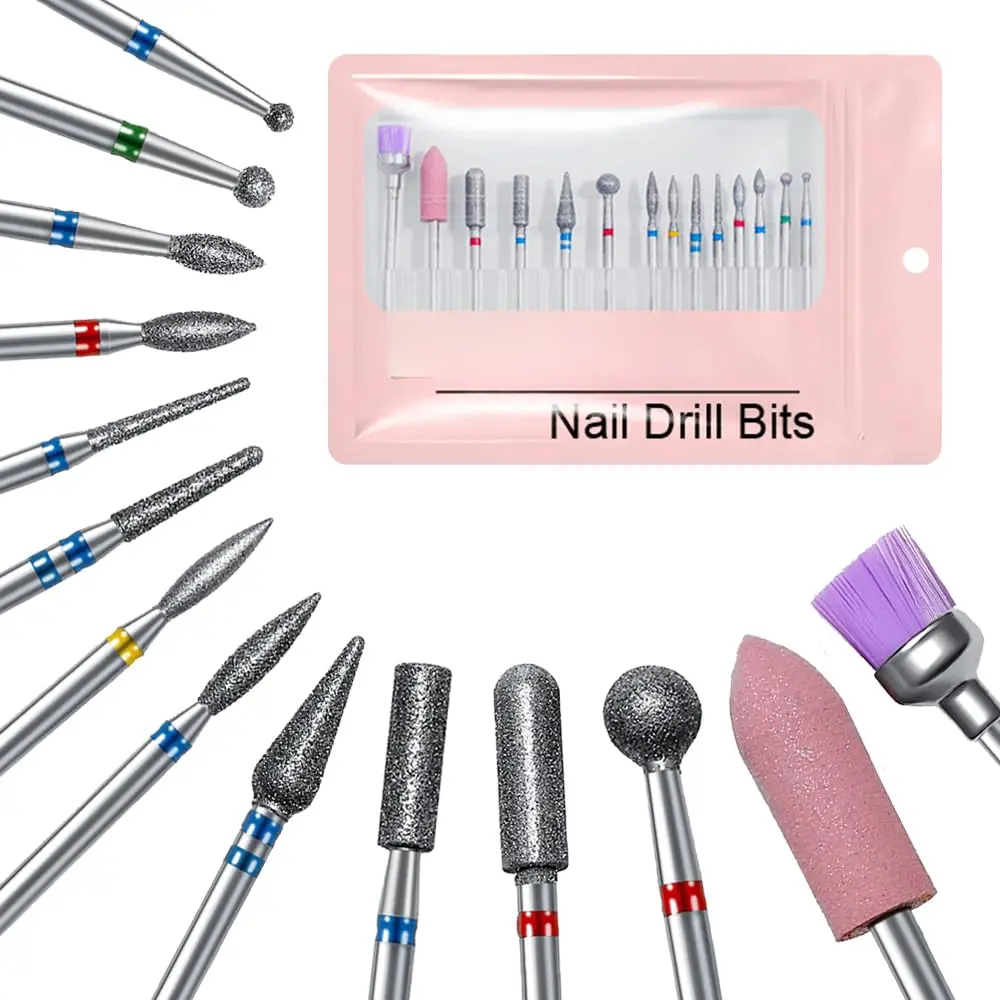 14pcs Nail Drill Bits Set, Professional Rotary Burrs Diamond Cuticle Remover Bits Kit, 3/32" Electric Manicure Nail File Bit for Acrylic Gel Nails Cuticle Manicure
