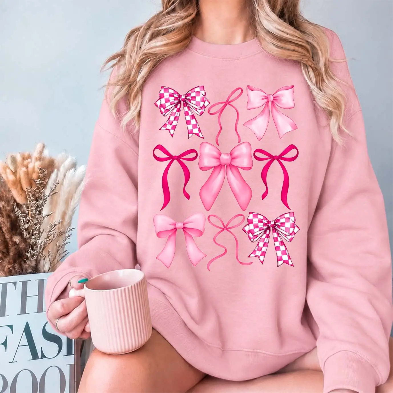 Women's Pink Bow Polyester Oversized Round Neck Pullover Sweatshirt - Fleece-Lined, Long-Sleeve Tops, Loose-Fit, Breathable Fabric, Comfortable Minimalist Casual Tops for Fall Winter Outdoor Style
