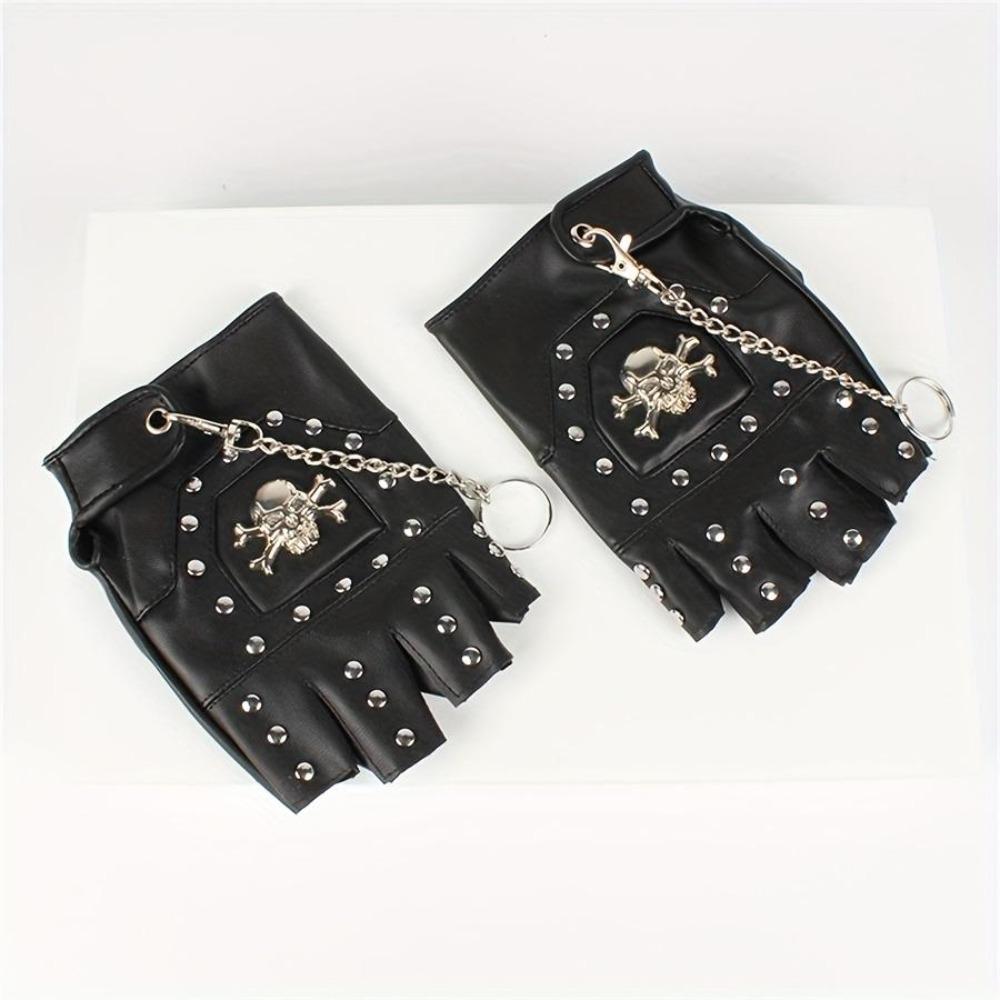 Men's Skull Half Finger Leather Gloves, Punk Rivet Chain Design, Anti-Slip Outdoor Sports & Motorcycle Riding Gloves, Novelty Pirate Style Performance Gloves