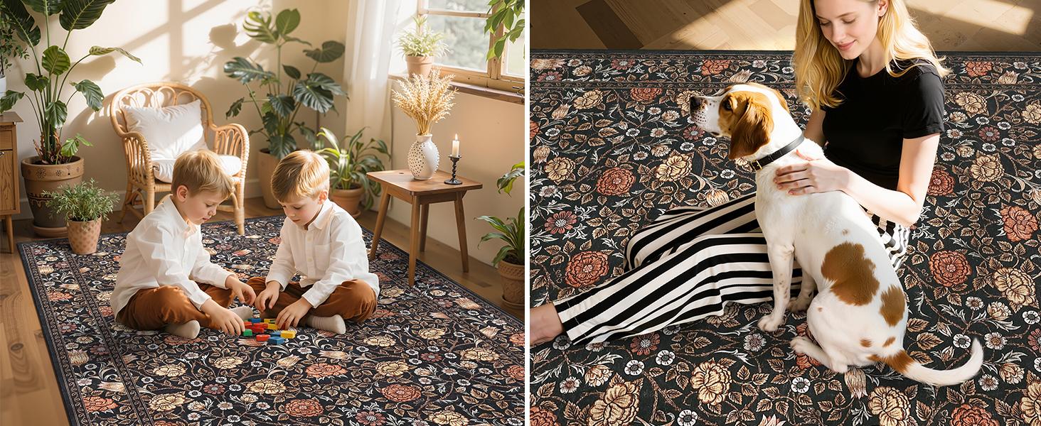 5x7 Brown Vintage Floral Boheme Area Rug, Low-Pile Washable Non-Slip Stain-Resistant Carpet for Living Room, Bedroom, Boheme Area Rugs