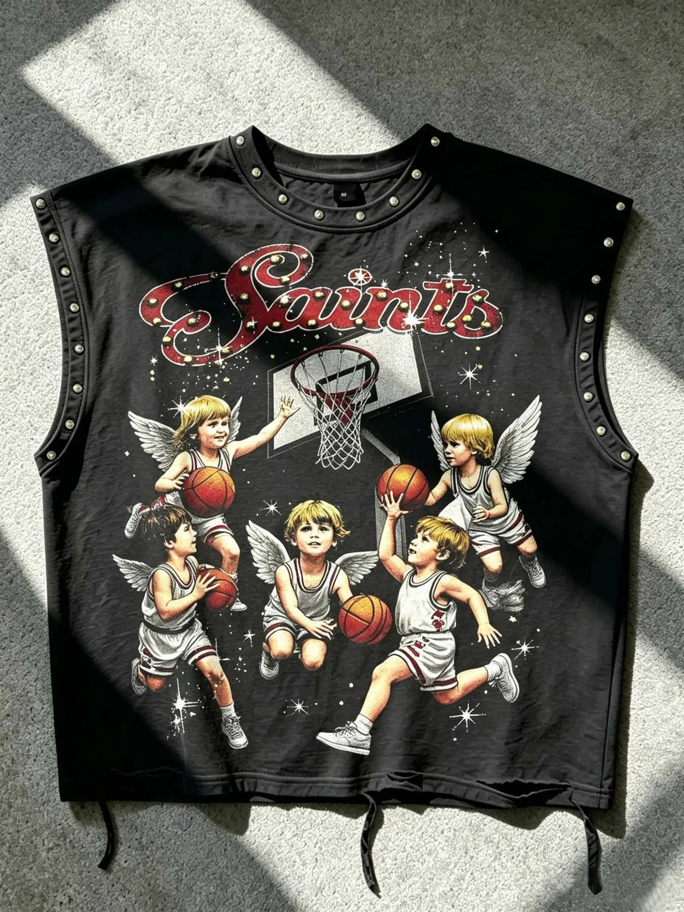 Men's cotton vest Angels playing basketball theme metal rivets cut holes tassel sleeveless T-shirt vest for men and women short version loose men's vest retro style cute angel kids sports print men's summer clothes SAINTS vest street fashion brand