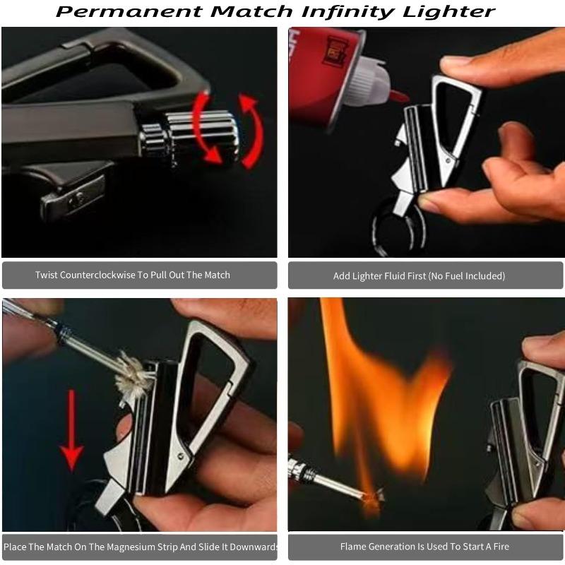 1 set of permanent flame unlimited lighter, multi-functional keychain bottle opener lighter, waterproof, windproof, reusable matches, suitable for camping, hiking, survival, and outdoor use (if there is no fuel in the product, you need to add it yourself