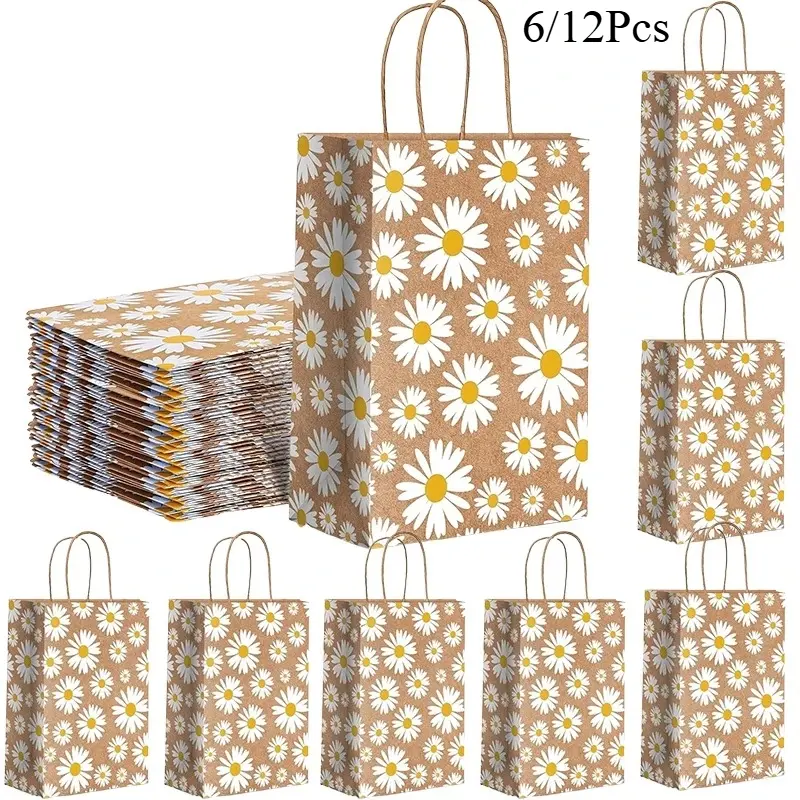 6/12PCS Kraft Paper Bags Daisy Flower Paper Gift Bags Brown Shopping Bags With Carrying Handle Wedding Party Favors Packaging Gift Wrapping
