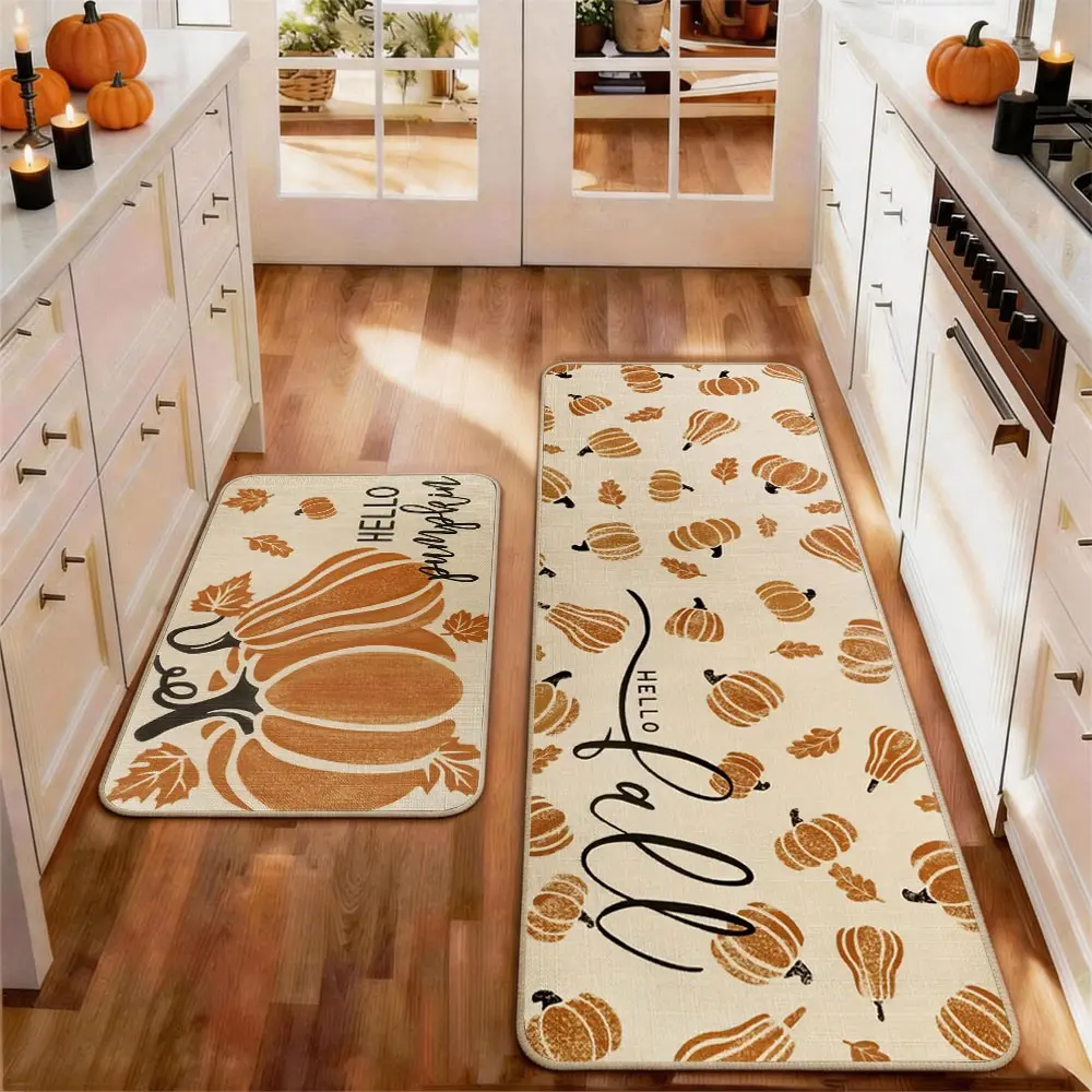 2pcs Thanksgiving Fall Kitchen Mat Gug Set with Pumpkin Maple leaves Pattern, Non-Slip Soft Low Profile,Floor Mat Set Farmhouse Kitchen Rug Dining Room Flooring Laundry Room Decor Carpet Mat, Decorative Rug Mat, Kitchen Floor Mats
