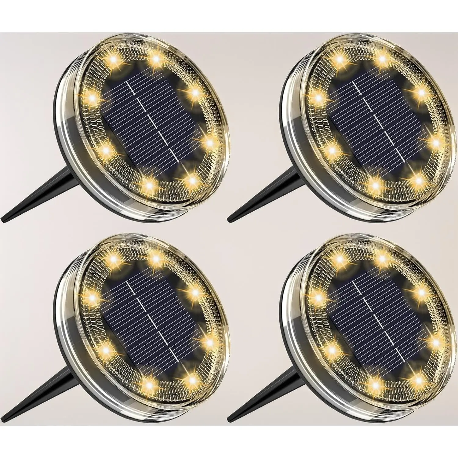 4-Pack Solar-Powered IP68 Waterproof 8-LED Flat Disc Ground Lighting, DIY Landscape Fixtures for Garden Walkway (Warm White)