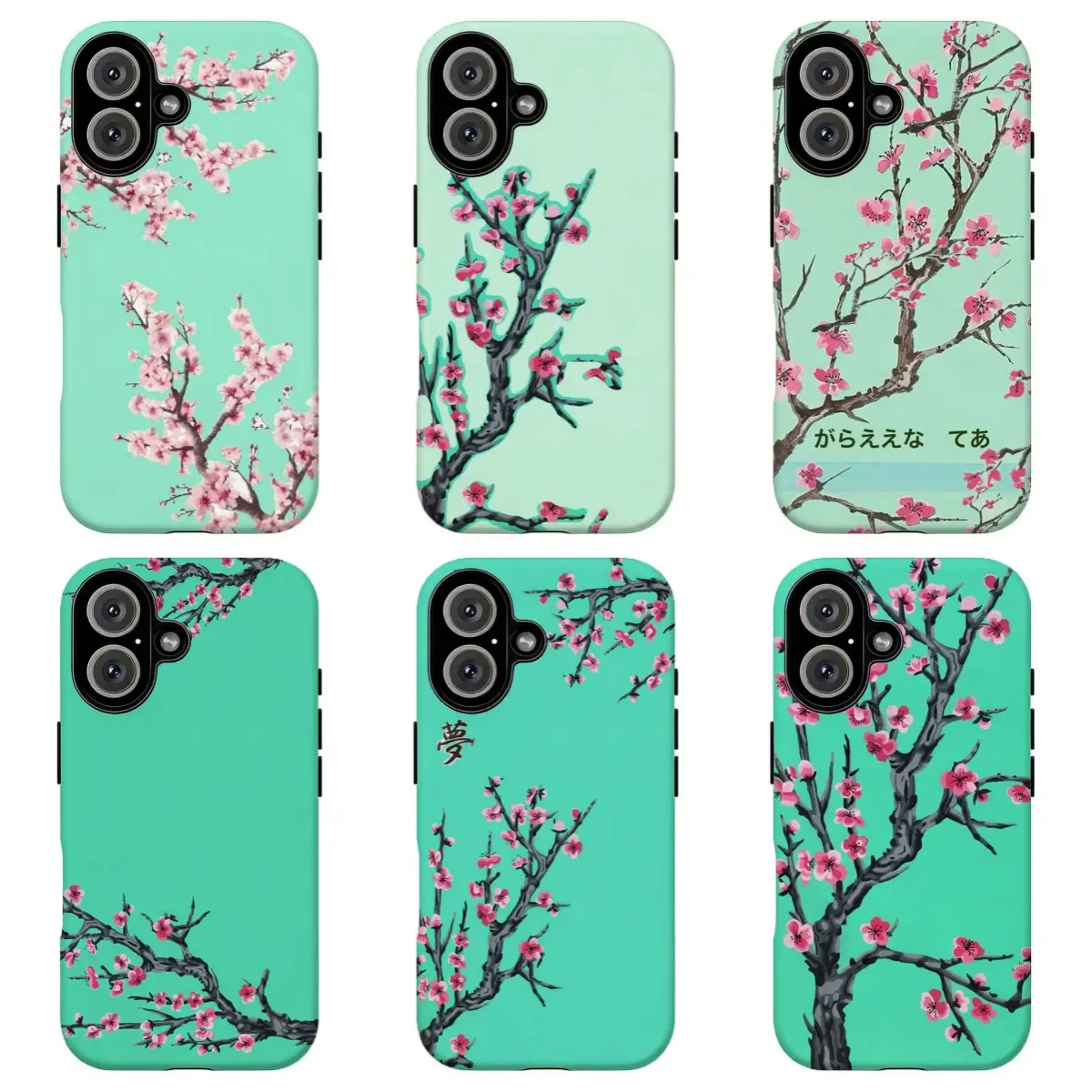 FL-Japanese Ume Blossom Cherry Branch Custom Phone Case - Mint Green Oriental Vintage Asian Art, Durable Shockproof Resistance Shell For iPhone 11-17 Air Pro Max, Samsung S21-S26, Gift For Her