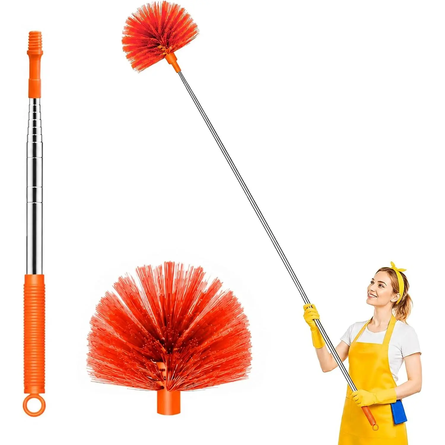 Cobweb Duster with Telescopic Extension Pole, 90" Total Reach 15.7" Compact, Upgraded Heavy Duty Thickened Stainless Steel Handle, Medium Stiff Bristles for High Ceilings & Ceiling Fans, Orange