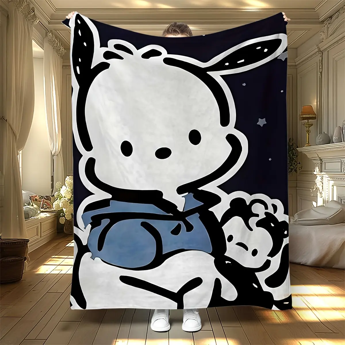 Sanrio Pochacco Dark Night Star Large Portrait Cotton Fabric Cartoon Print Flannel Throw Blanket, Black Background Cute Dog, Soft Breathable Warm Bedding for Kawaii Teen Girls, Travel Camping Gift
