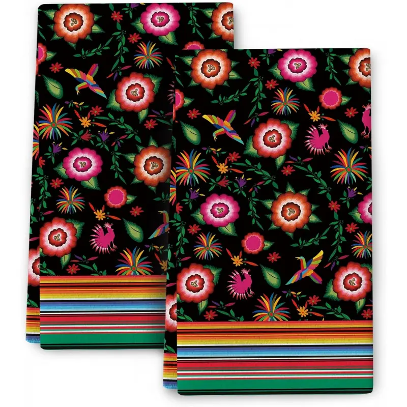Set of Mexican floral pattern kitchen towels and dishcloths (2-piece), Mexican kitchen decor, soft, absorbent floral pattern dishcloths suitable for wiping hands, baking, cooking, as well as for use in the bathroom and for holiday home decor.