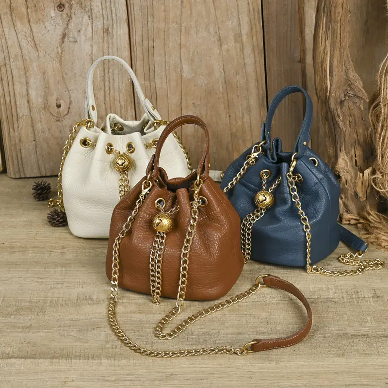Viral Quiet Luxury Vintage Vegetable Tanned Bucket Bag, Women Mini First Layer Cowhide Crossbody Purse, Gold Chain Drawstring Large Capacity Handbag With Adjustable Strap, Retro Day Night Staple for Daily Commute Party Date Picnic Vacation Weekend Casual