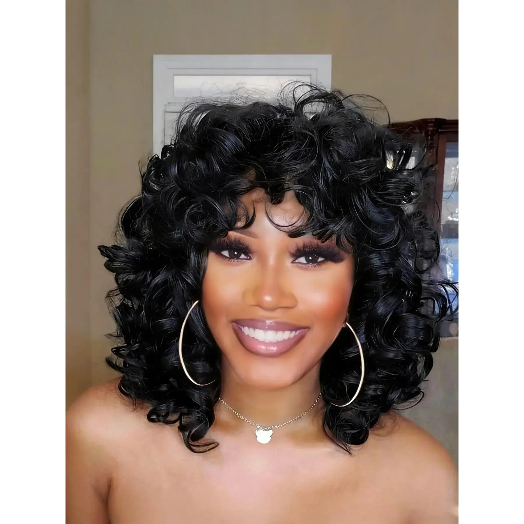 Short Curly Wig for African American Women, Afro Kinky Curly Wig with Bangs, Cute Loose Curls Synthetic Wig, Gorgeous Fluffy Wigs