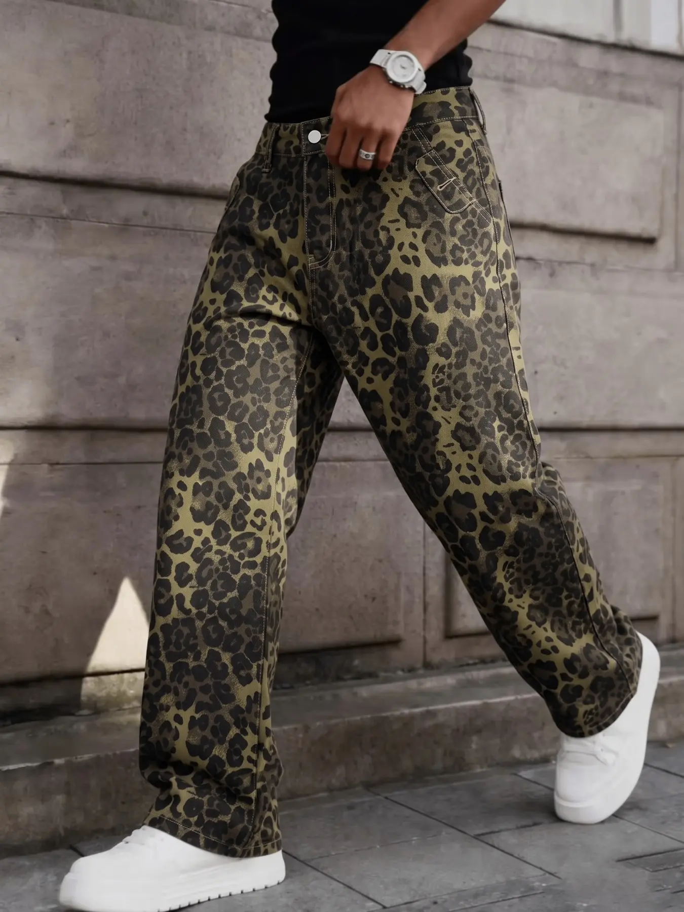 Men's American High Street Cool Leopard Print Slim Fit Non-Elastic Straight Leg Jeans, Hip-Hop Style, Casual Fashion, All Seasons