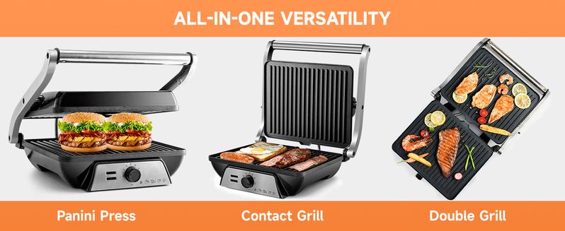 SUSTEAS Compact Indoor Grill – Features a non-stick surface, 180° adjustable lid for even heat distribution, and space-saving foldable design. Perfect for meats, veggies, and quick meals.