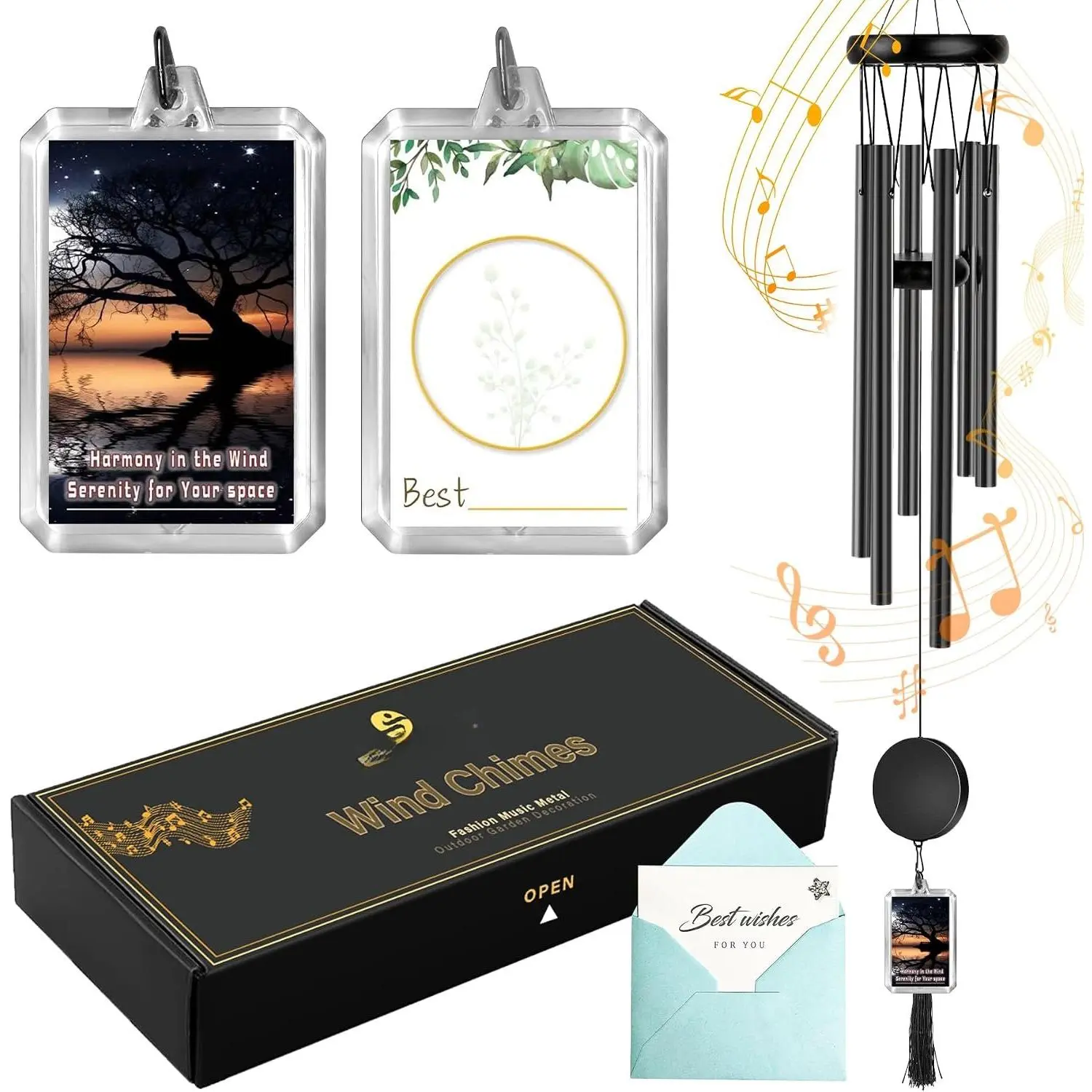 Customizable Memorial Wind Chime - Outdoor Bereavement  with Removable Charms, Sympathy  for Loss, Garden & Patio Decor (Black)