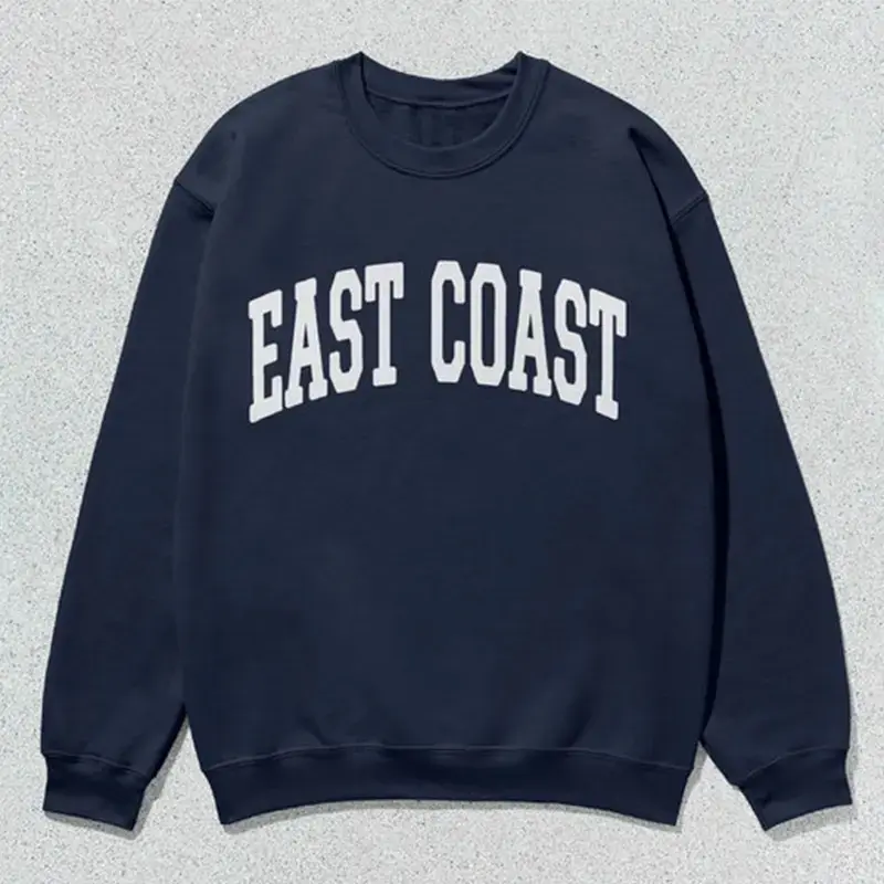 Men's East Coast Graphic Oversized Crewneck Sweatshirt - Minimalist, Full Sleeves, Raw Wash Finish, Solid Plain Comfort Cotton Top, Valentine Gift for Him Her