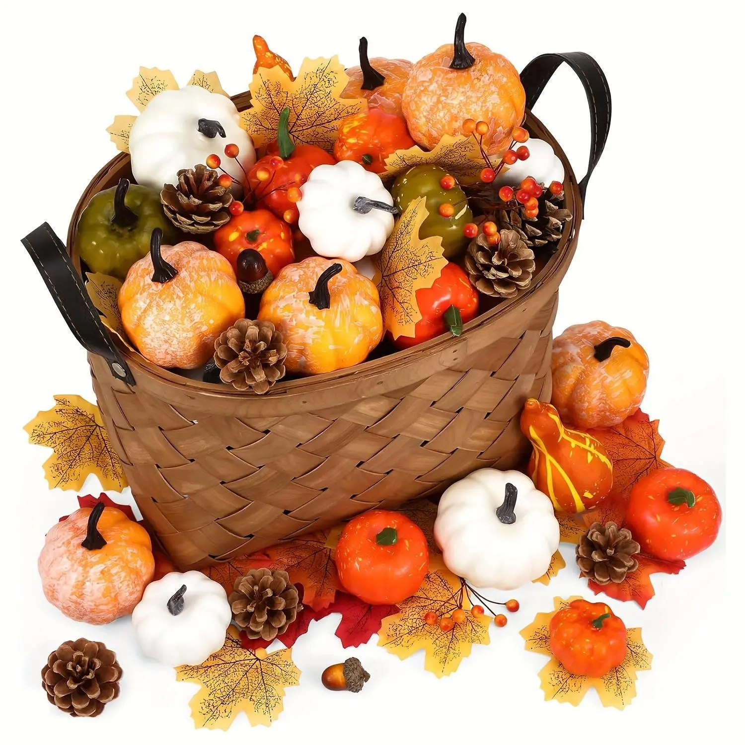 50 Piece Autumn Harvest Decor Set, Bright Artificial Pumpkins, Gourds, Acorns, Maple Leaves, Pinecones, Perfect for Thanksgiving, Halloween, Weddings