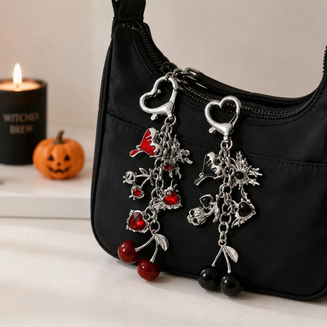 2PCS Cherry Bag Charms, Retro Punk Heart Wing Cherry Keychains with Chain & Heart Clasp, Cute Trendy Bag Pendants for Handbags, Backpacks, Keys & Gifts，halloween gift