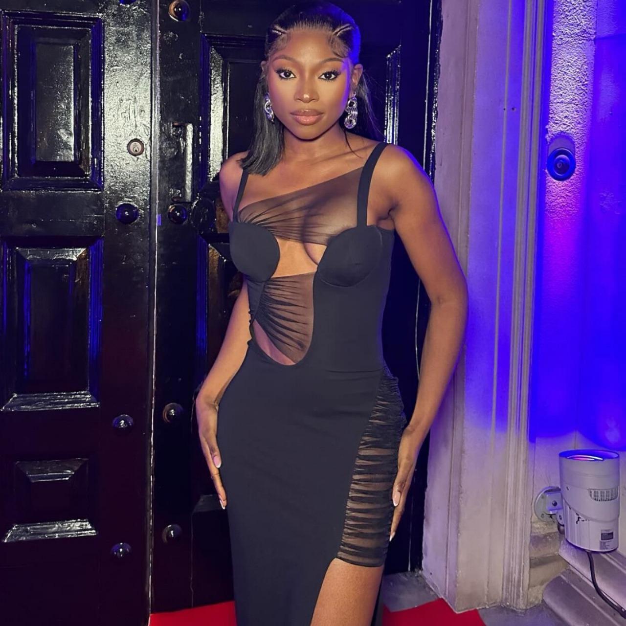 Sexy hollow dress with mesh splicing, mid-length slit bodycon skirt, solid color pullover dress, evening gown