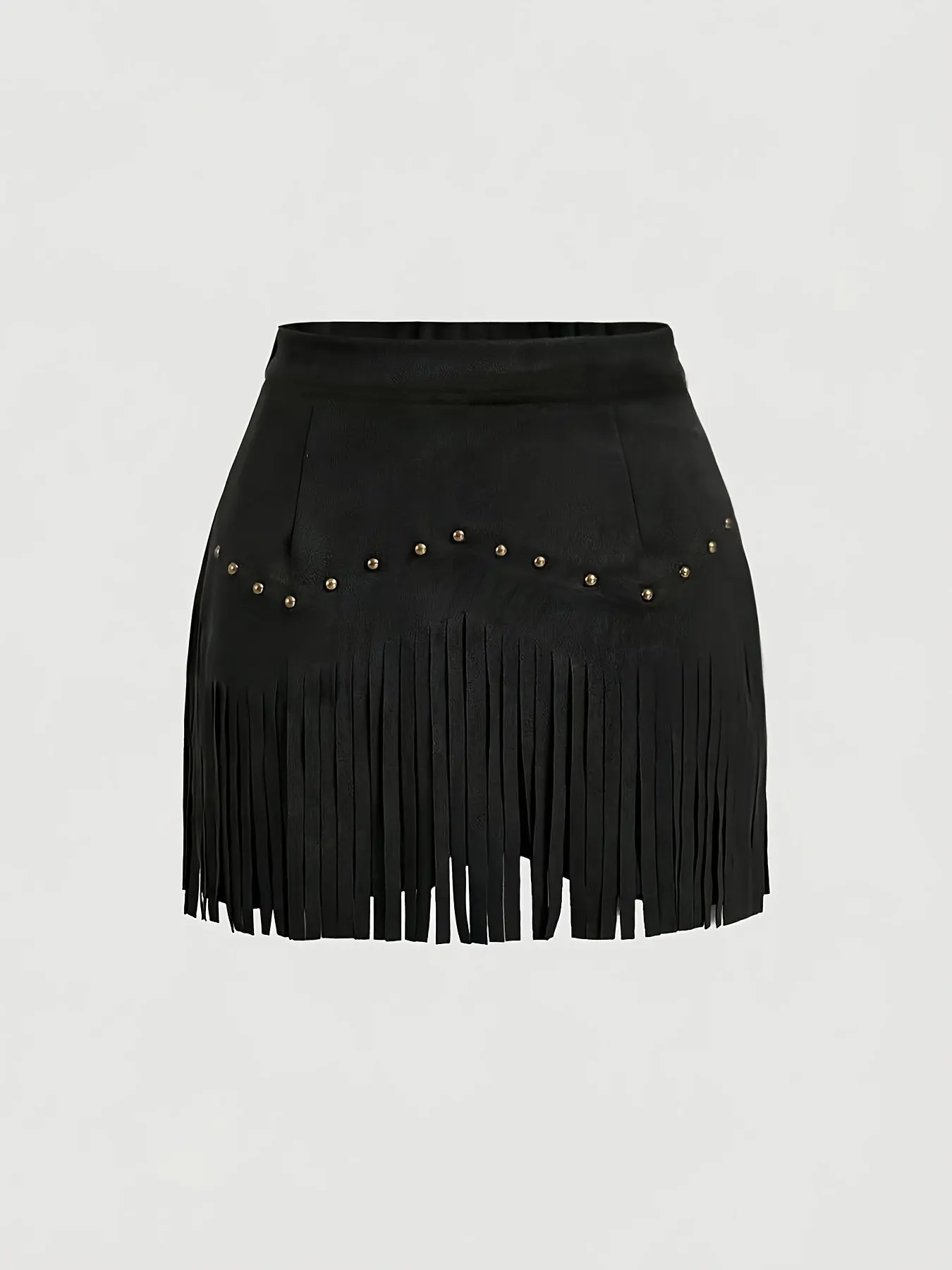 American Western Style Faux Suede Rivet Fringe High Waist Short Skirt, Vintage Country Butt Lift Half Skirt, Retro Fashion
