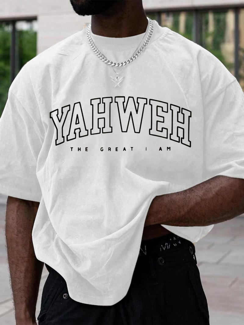 Men's Letter Print Drop Shoulder Tee, Regular Fit Casual Short Sleeve Round Neck T-Shirt for Summer, Fashion Men's Top for Daily Wear, Casual Fit Streetwear