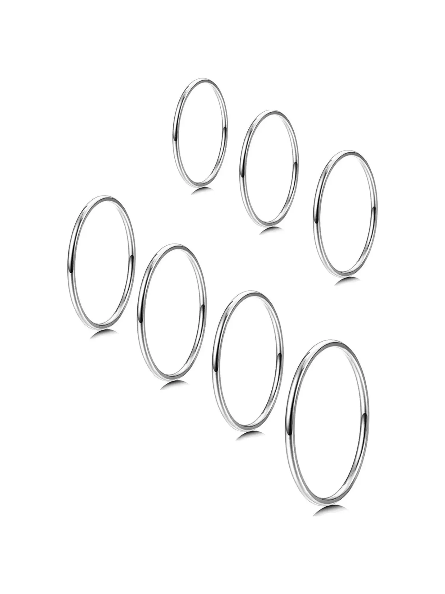 7 Pcs Simple Silvery Stackable Ring Set, Round, for Women Men Premium Hypoallergenic Stainless Steel Unisex Daily Jewelry Slim Thin Band Rings Plain Minimalist Design Polish Elegant Look Various Size Options for Fashion Lovers