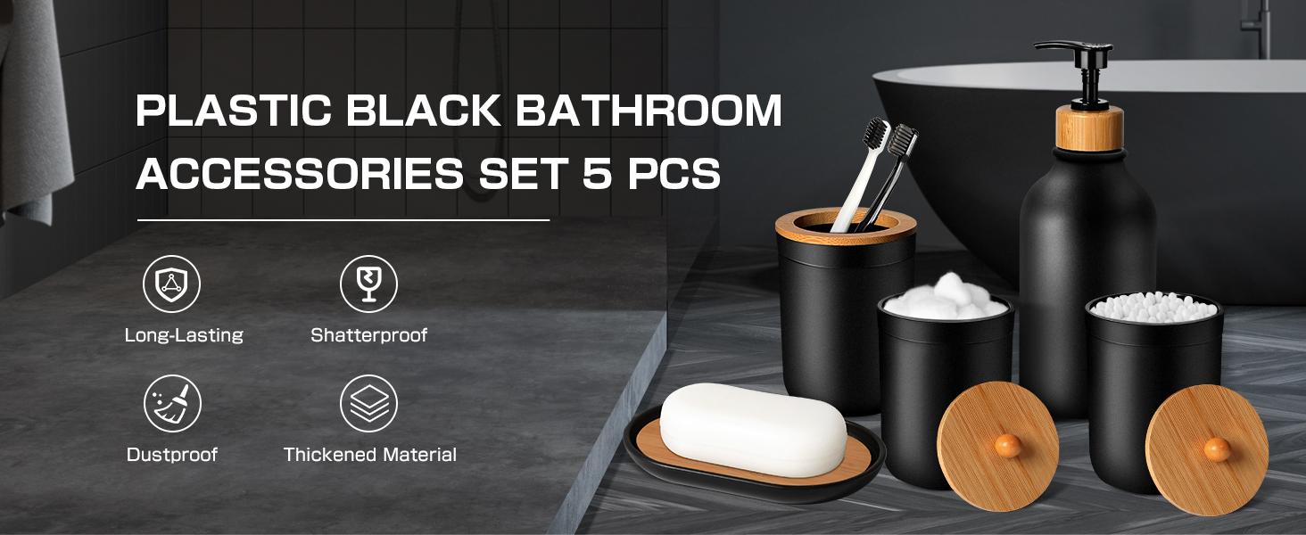 ZY Black Bathroom Accessories Set 5 Pcs, Matte Black Bathroom Accessories, Plastic Soap Dispenser and Toothbrush Holder Set, Soap Dish, Cotton Swab Jar, Black Bathroom Set, Boho Bathroom Decor Glass Hand Farmhouse Beige ZY Black Bathroom Accessories Set 5 Pcs, Matte Black Bathroom Accessories, Plastic Soap Dispenser and Toothbrush Holder Set, Soap Dish, Cotton Swab Jar, Black Bathroom Set, Boho Bathroom Decor Glass Hand Farmhouse Beige
