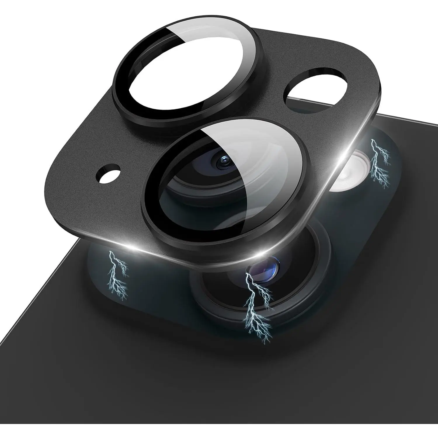 Compatible for  15/  15 Plus/ 14/  14 Plus Camera Lens Protector Metal Plus Aluminium Alloy Ring 9H Tempered Glass Screen Camera Cover Black