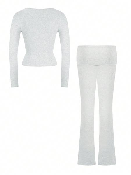Women's Solid Color Square Neck Crop Tee & Flare Leg Pants Two-Piece Set, Casual Fashion Cozy Two Piece Outfits for Daily Outdoor Wear