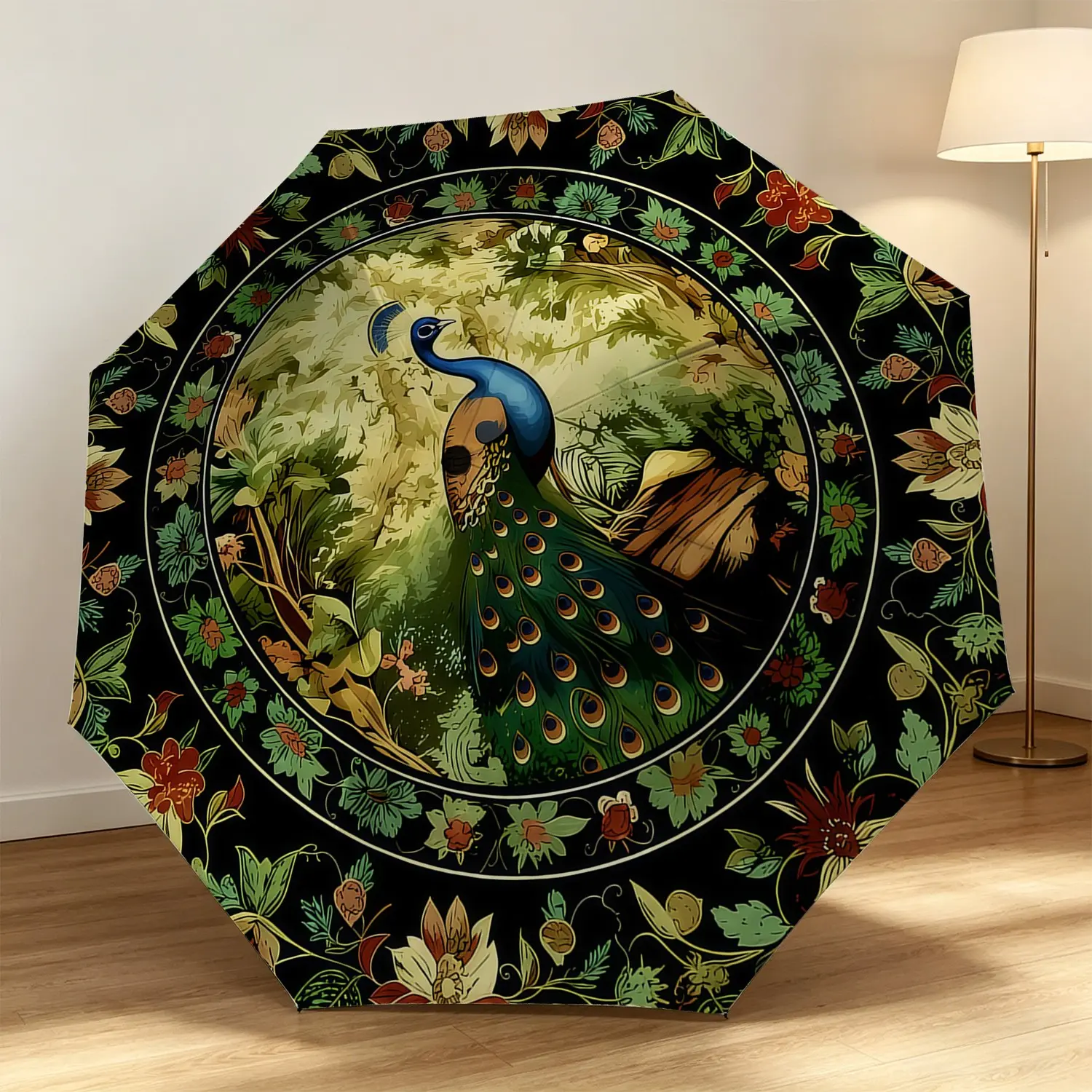 Vintage Peacock Pattern Folding Umbrella, Reinforced Canopy, Lightweight & Durable, Adjustable, Large Size, Travel Outdoor Umbrella