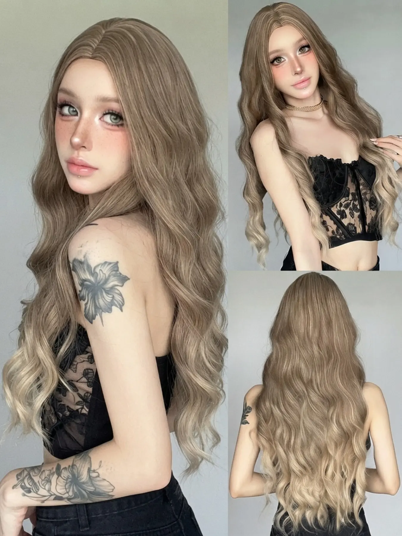 Long Wavy Ash Blonde Wigs Middle Part Synthetic Wigs for Women Heat Resistant Fiber Glueless Wave Hair Daily Wear Party Cosplay Natural Looking Soft Realistic Light Ash Brown Wavy Fake Hair Extensions Style Wigs Cap