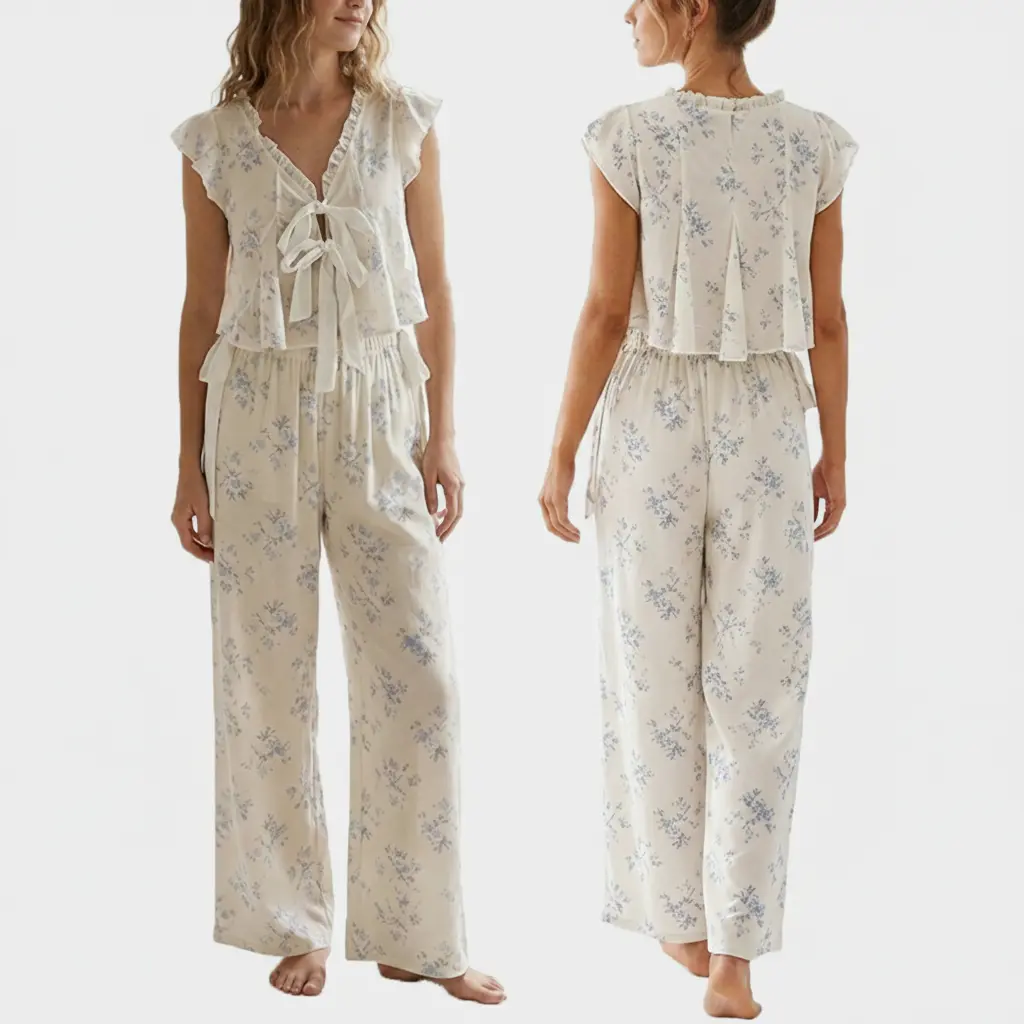 Women Floral Print Pajama Set, Ruffle Cap Sleeve Front Tie Cropped Camisole Top with Elastic High Waist Wide Leg Pants, 2 Piece Soft Lightweight Sleepwear Set, Elegant Ditsy Floral Lounge