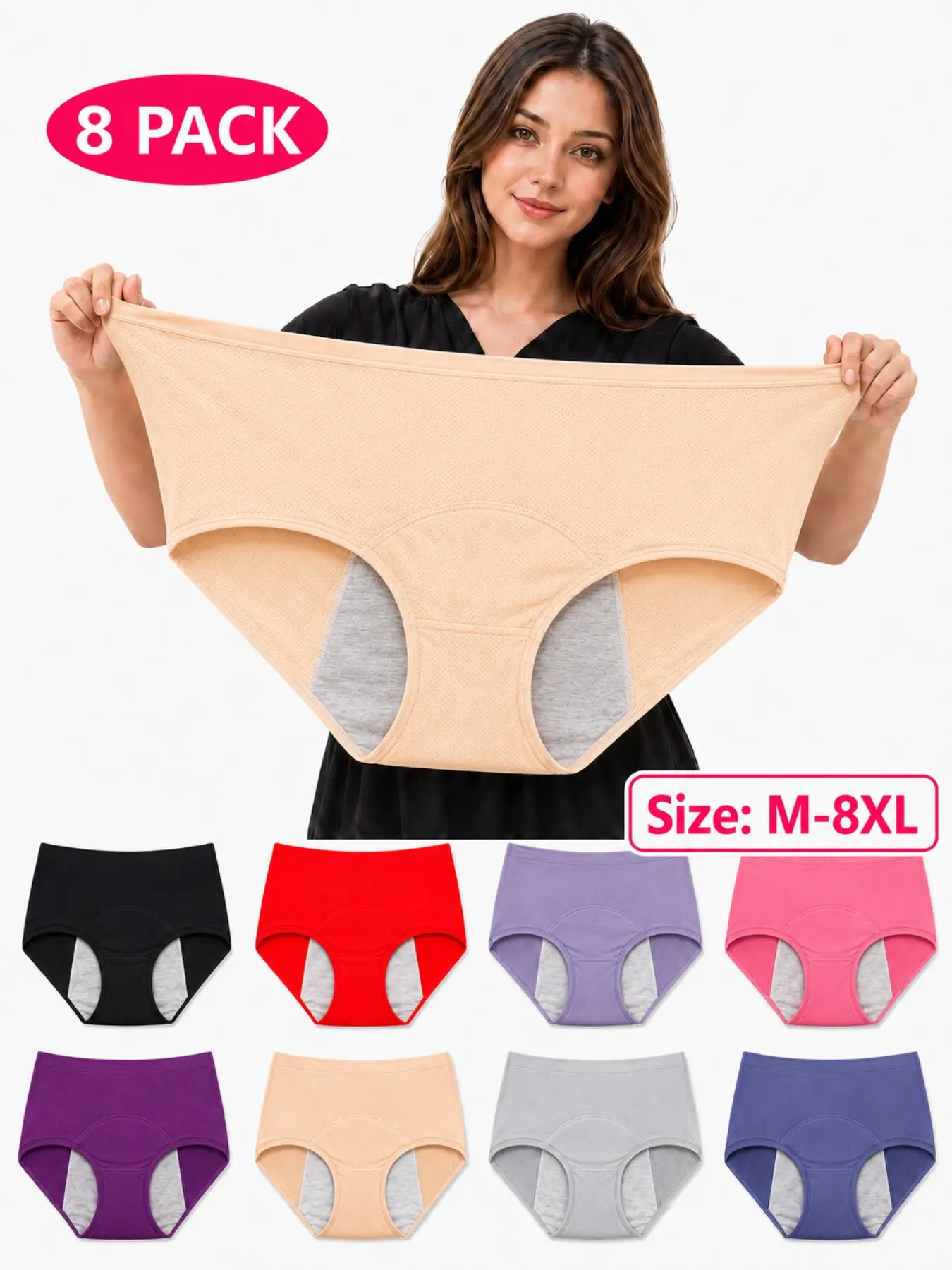 8-Pack Multi-Color High-Waist Leak-Proof Period Underwear, Breathable Women's Panties, All-Day Comfort, Slim-Fit Design, Leakproof Underwear