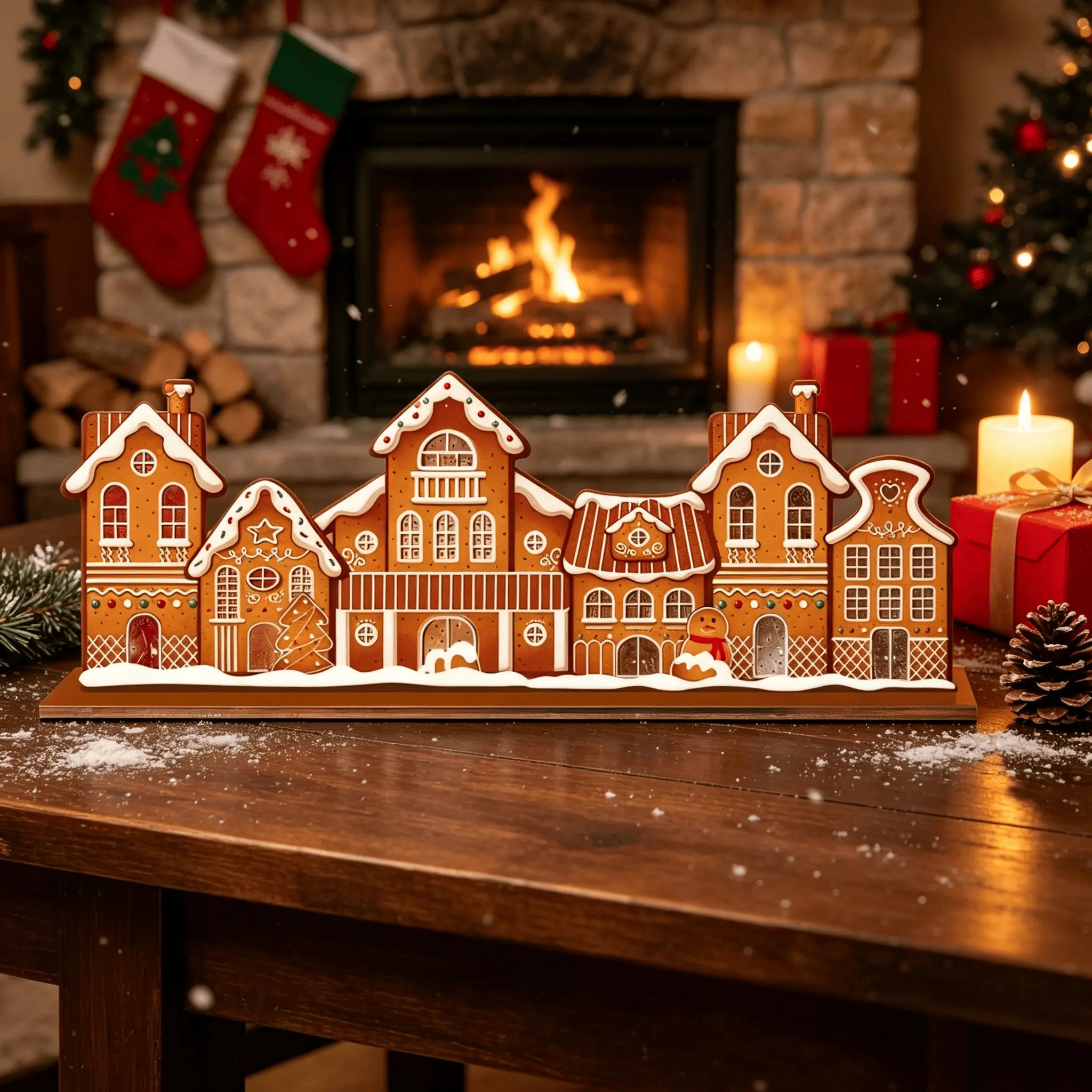 Bohemian Wooden Christmas Table Centerpiece, Gingerbread House Village Sign, Winter Snow Scene Decor, Fireplace Shelf, Holiday Party Decoration