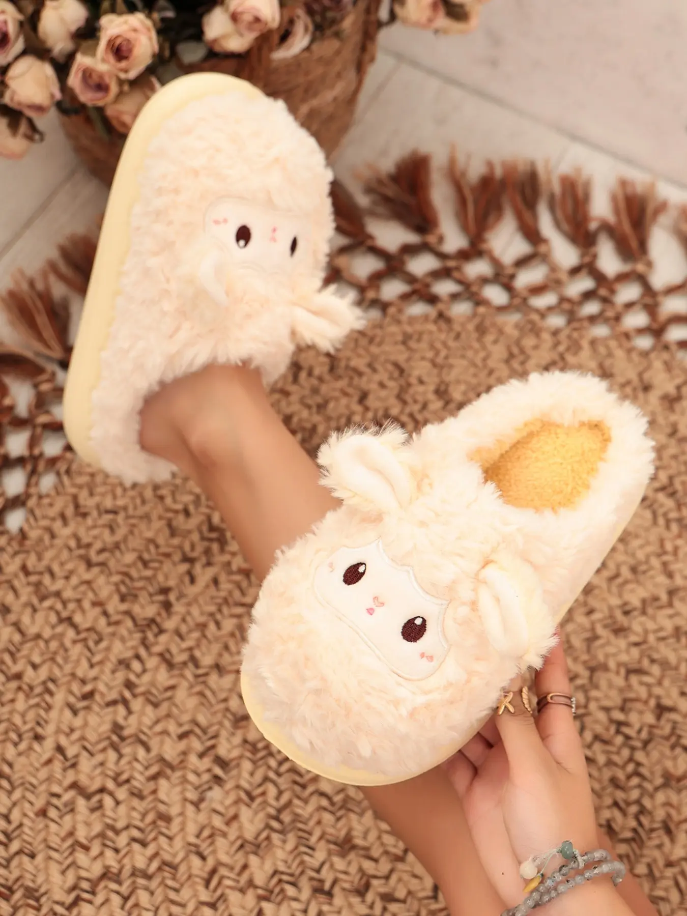 3D Lamb Ear Cartoon Animal Plush Mule Slippers, Ladies Fluffy Closed Toe Backless Slides, Warm Soft Indoor Winter House Slippers