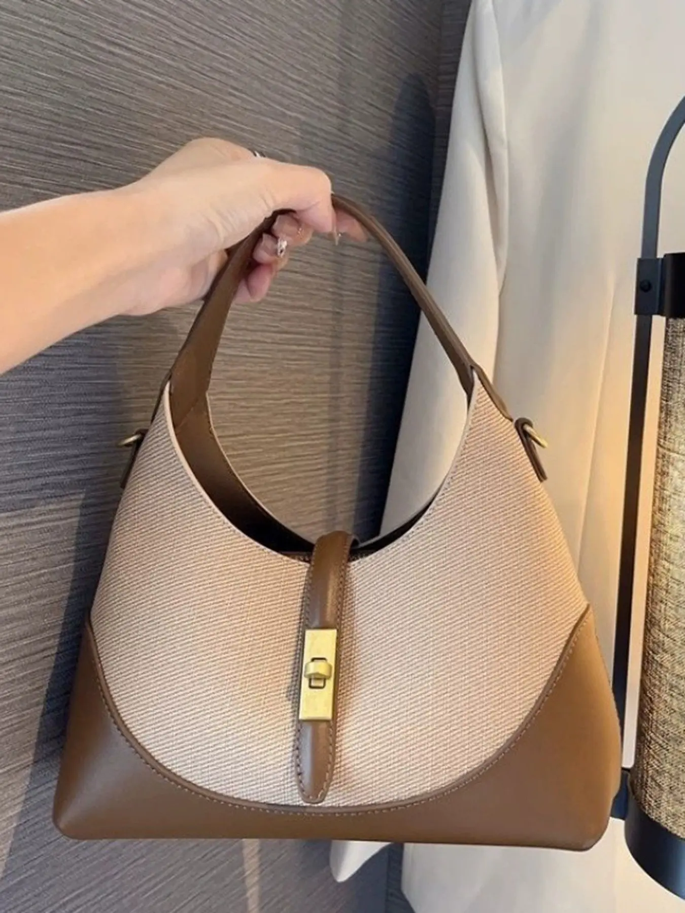 Two-Tone Canvas Faux Leather Half Moon Hobo Bag, Vintage Turn Lock Underarm Shoulder Purse, Large Capacity Commuter Handbag with Detachable Crossbody Strap for Women Daily Office Shopping