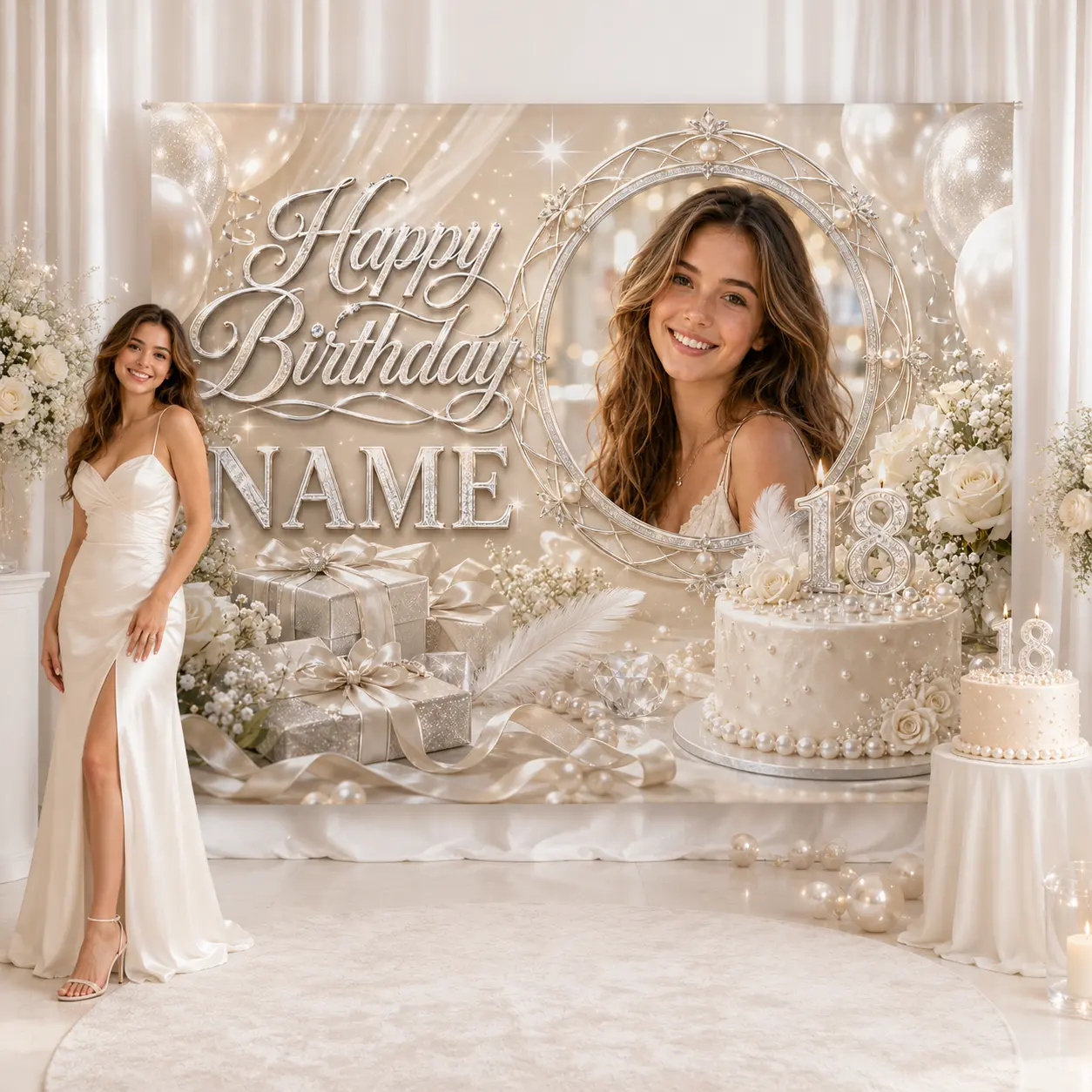 Personalized Ivory Silver 18th Birthday Backdrop with Photo and Name, Pearls, White Roses, Balloons, Gifts and Cake