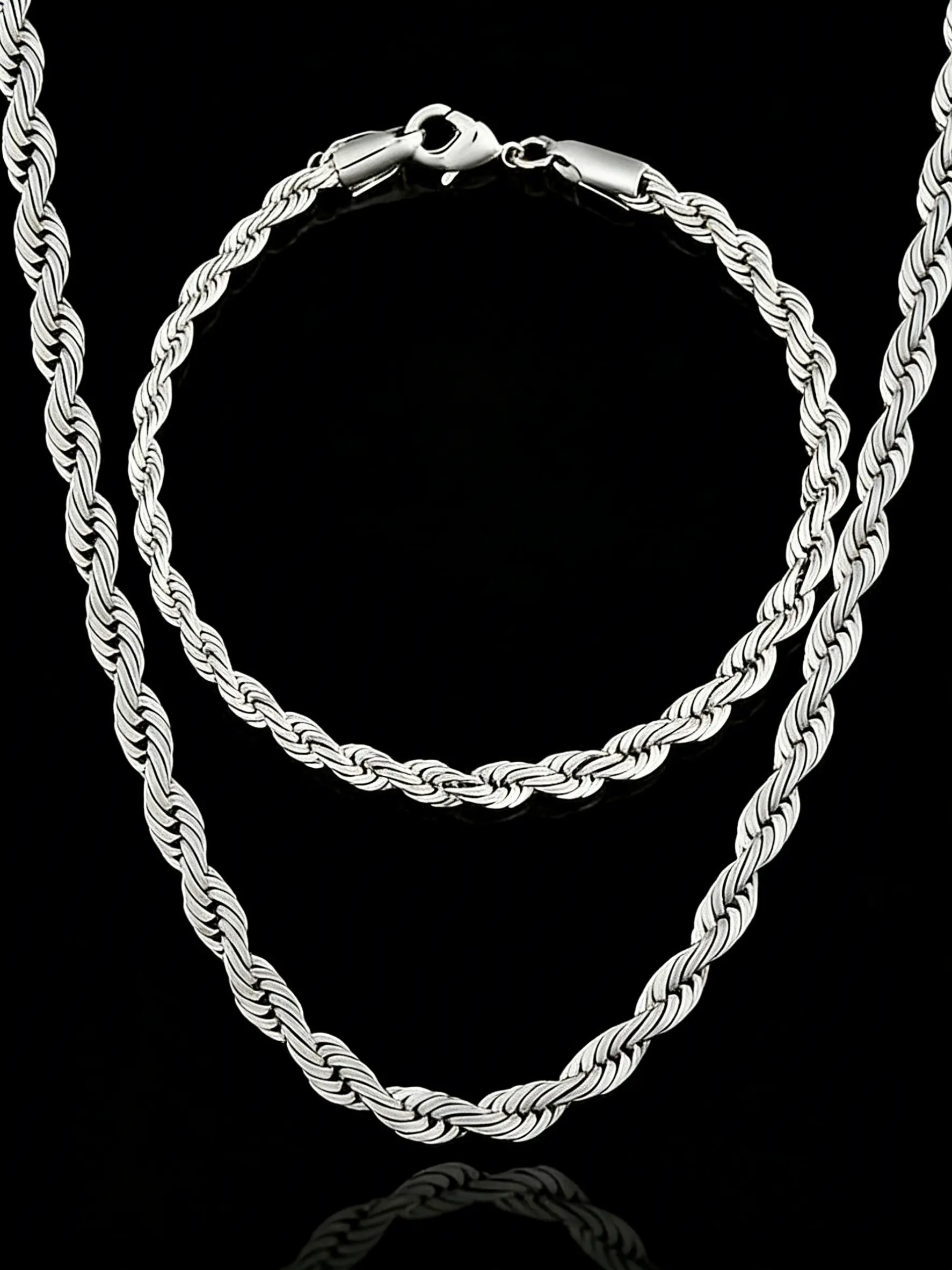 Low Allergy Two-Piece Braided Rope Necklace Bracelet Set, Classic Elegant Silver Color Jewelry, Durable Anti-Tarnish, Perfect Gift