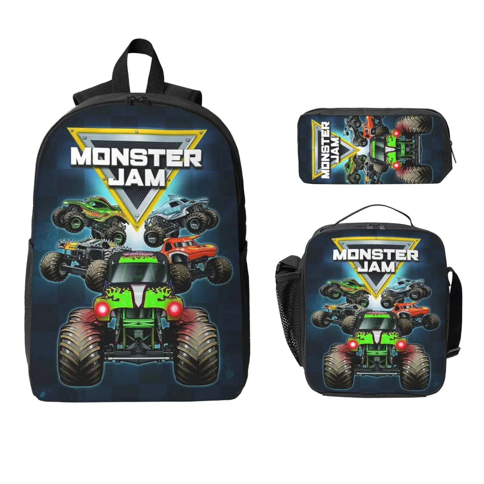 3 Piece High Capacity Bookbag Monster Cartoon Truck Jam Backpack Set Travel Knapsack with Lunch Box Pencil Case