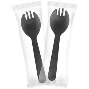 Disposable Individually Wrapped Mini Plastic Sporks, 4.3" 100PCS Black 2-in-1 Forks Spoons for Party Supply