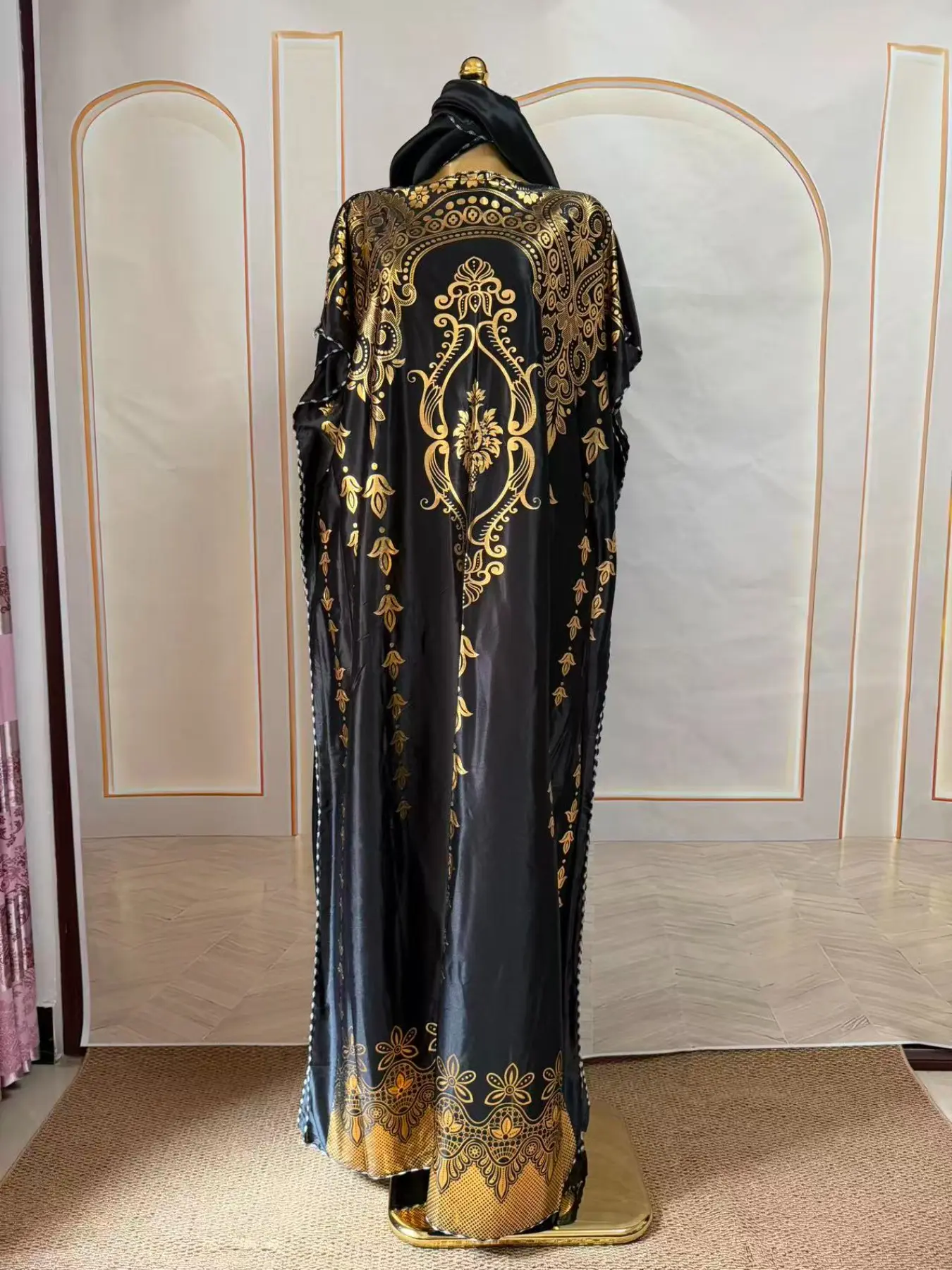 Dubai Style Satin Gold Foil Print Abaya Elegant Islamic Clothing Long Robe for Party & Ramadan