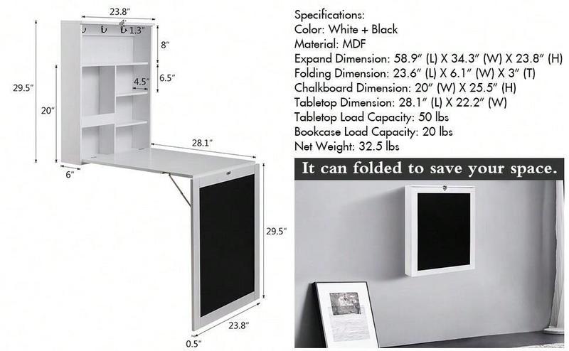 Indoor furniture  Folding Floating Convertible Wall Mounted Table Space Saving Computer Laptop With Storage Bookcase Chalkboard Foldable Writing Desk Home Bed Room Office Furniture White Black