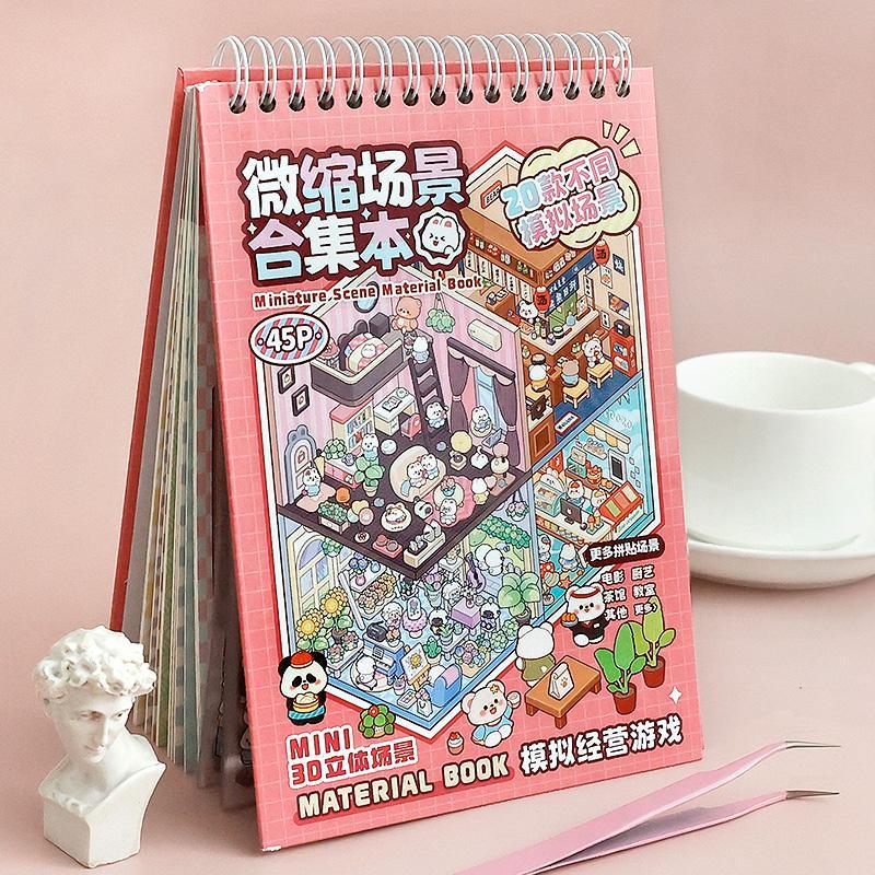 Miniature Scene Collection Book with 20 Scene Cards, 25 Stickers and 1 Tweezers, 3D DIY Decorative Sticker Book Gift Wrapping Set, Sticker Album